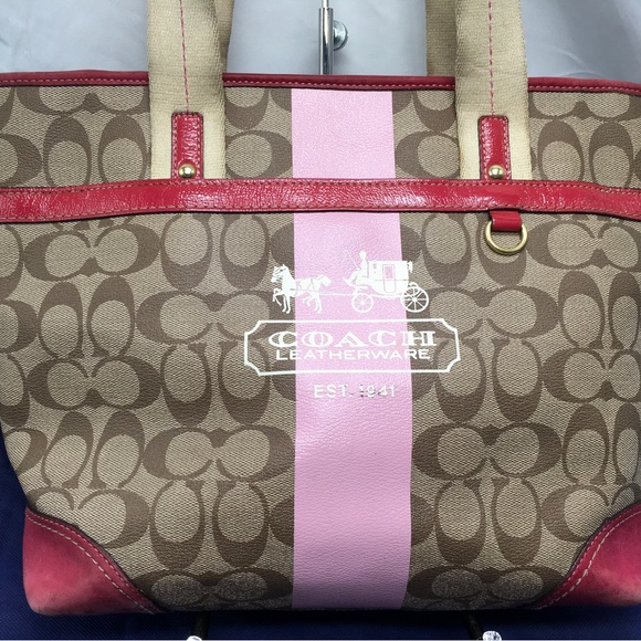 Coach Heritage Stripe Signature Tote Shoulder Bag 11350 Canvas Pink Stripe - Picture 5 of 16